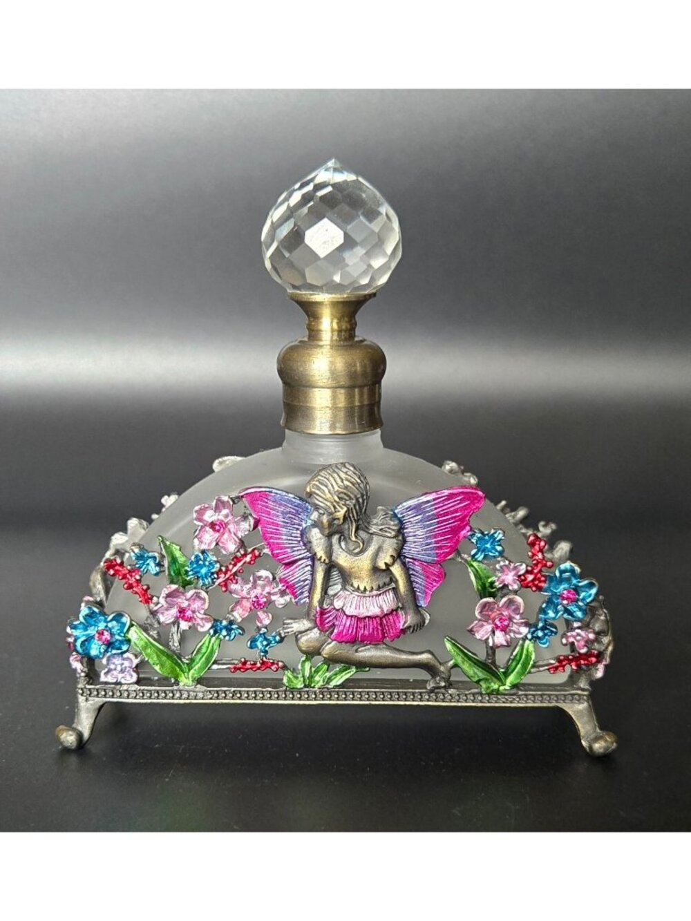 Frosted Glass Perfume Bottle Fairy & Floral Brass Ormolu Accents Crystal